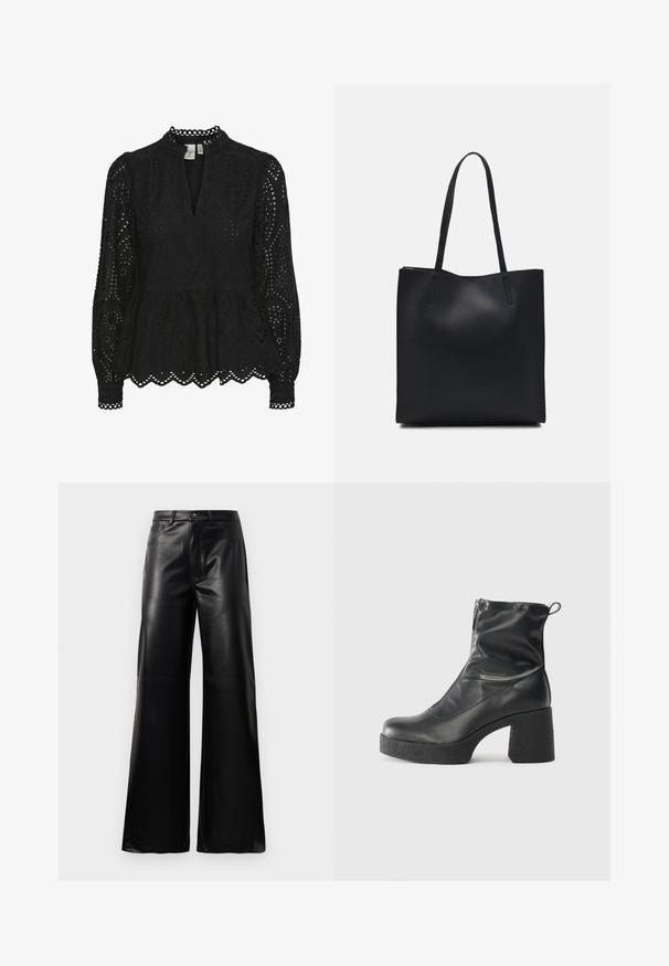 Čierna blúzka s vysokým golierom, dlhými rukávmi a zložitými výrezmi, s peplum lemu a vlnitými okrajmi.; Čierne vysokopriestené široké nohavice z umelého kože s predným gombíkom, zipsom, pútkami na opasok a bočnými vreckami na bielom pozadí.; Čierne členkové topánky z hladkej kože, so bočným zipsom, robustnou textúrovanou pätnou časťou a zaobleným dizajnom špičky.; Čierna kožená taška na rameno s hladkým povrchom, obdĺžnikovým tvarom a dvoma dlhými uchami. Bez viditeľného kovania alebo ozdôb.