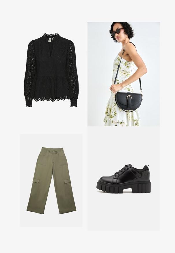 Schwarze Bluse mit hohem Kragen, langen Ärmeln und aufwendigen Ausstanzungen, mit einem Peplum-Saum und gewellten Kanten.; Olivgrüne Cargo-Hosen mit hoher Taille, weitem Bein und zwei großen Seitentaschen. Hergestellt aus glattem Stoff mit einem Knopfverschluss.; Schwarze Lederplateauschuhe mit klobigem Blockabsatz, runder Zehenpartie und traditionellem Schnürdesign. Verfügt über eine glatte Textur und minimale Details.; Schwarze Lederhandtasche mit geschwungener Form, abnehmbarem Tragegurt und goldenen Beschlägen. Die Tasche verfügt über einen Deckel mit einer Schnallen-Details.