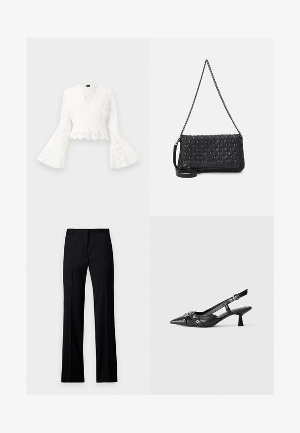 White lace cropped jacket with bell sleeves, featuring a scalloped hem and a deep V-neck design. Soft texture with intricate floral patterns.; Black straight-leg trousers in smooth fabric, featuring a flat front, belt loops, and no visible pockets or embellishments.; Black leather slingback shoe with a pointed toe, decorative straps featuring metal eyelets, and a low block heel. Textured surface.; Black quilted leather bag with a chain strap, featuring skull accents and a zip closure. Textured surface with a glossy finish.