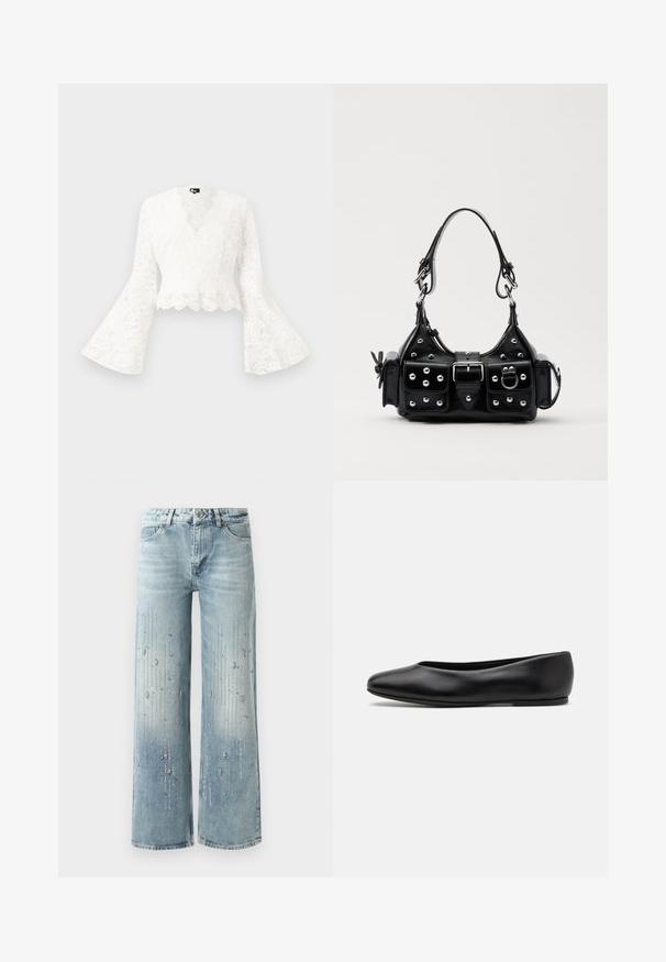 Giacca corta in pizzo bianco con maniche a campana, caratterizzata da un orlo scallop e un profondo design a V. Texture morbida con intricati motivi floreali.; Jeans larghi di denim di colore azzurro chiaro, con un effetto sfumato e decorazioni di strass argentati disposti in un motivo verticale.; Paul Smith TOPANGA - Ballerine - black; Borsa a mano in pelle nera con design curvo, caratterizzata da borchie argentate, una fibbia e due tasche laterali. Tracolla regolabile per diverse opzioni di trasporto.