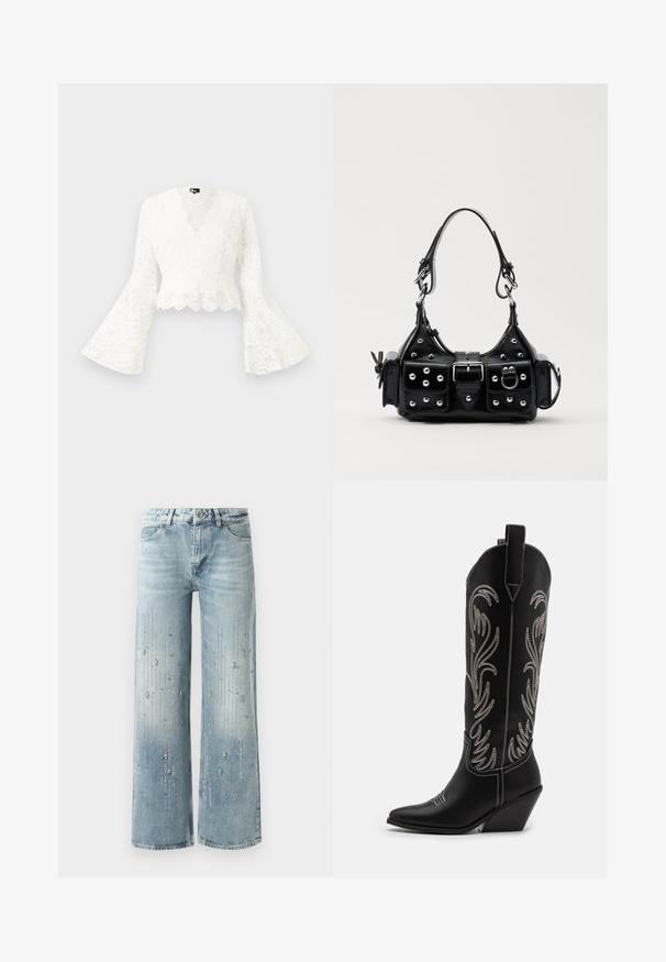 Hvid blonde cropped jakke med klokkeærmer, der har en scalloperet kant og en dyb V-hals. Blødt materiale med indviklede blomster mønstre.; Lyseblå wide-leg jeans lavet af denim, med en gradient farveeffekt og pyntegenstande af sølv rhinsten i et vertikalt mønster.; Sorte læder cowboystøvler med spidse tæer, kilehæle og sølv broderede blomster mønstre langs skaftet. Kontrast syning overalt.; Sort læderhåndtaske med et buet design, prydet med sølvfarvede nitter, en spænde og to sidelommer. Justerbar rem til forskellige bære muligheder.