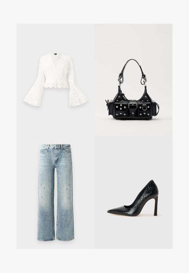 Weiße Spitzenjacke mit kurzen Ärmeln, die über weit ausgestellte Ärmel verfügt, mit einem gewellten Saum und einem tiefen V-Ausschnitt-Design. Weicher Stoff mit filigranen floralen Mustern.; Hellblaue weite Jeans aus Denim, ausgestattet mit einem Farbverlaufseffekt und Verzierungen aus silbernen Strasssteinen in vertikalem Muster.; Schwarzer, spitz zulaufender High Heel mit Krokodilleder-Struktur, elegantem Design, hohem Stiletto-Absatz und glattem schwarzen Innenraum.; Schwarze Lederhandtasche mit einem geschwungenen Design, verziert mit silbernen Nieten, einer Schnalle und zwei seitlichen Taschen. Verstellbarer Träger für verschiedene Tragemöglichkeiten.
