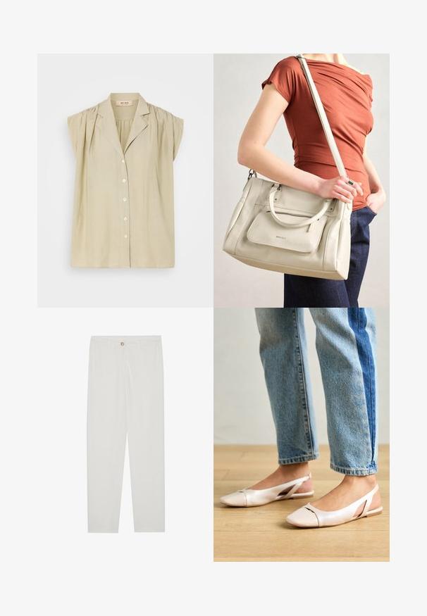 Blusa bege clara com mangas curtas bufantes, fecho frontal com botões e um leve colarinho. Feita de um tecido suave e leve.; Calças brancas, ajustadas, com um design de perna reta, apresentando um fecho de botão, passantes para cinto e bolsos laterais; textura de tecido suave.; Sapatilhas slingback de cor rosa pálido com bico fino, feitas de um material semelhante a couro liso. Apresentam detalhes recortados nas laterais e um salto plano.; Bolsa de couro branca com alças duplas e uma alça destacável, apresentando um bolso frontal com fecho e textura suave. A bolsa está a ser carregada no braço de uma pessoa.