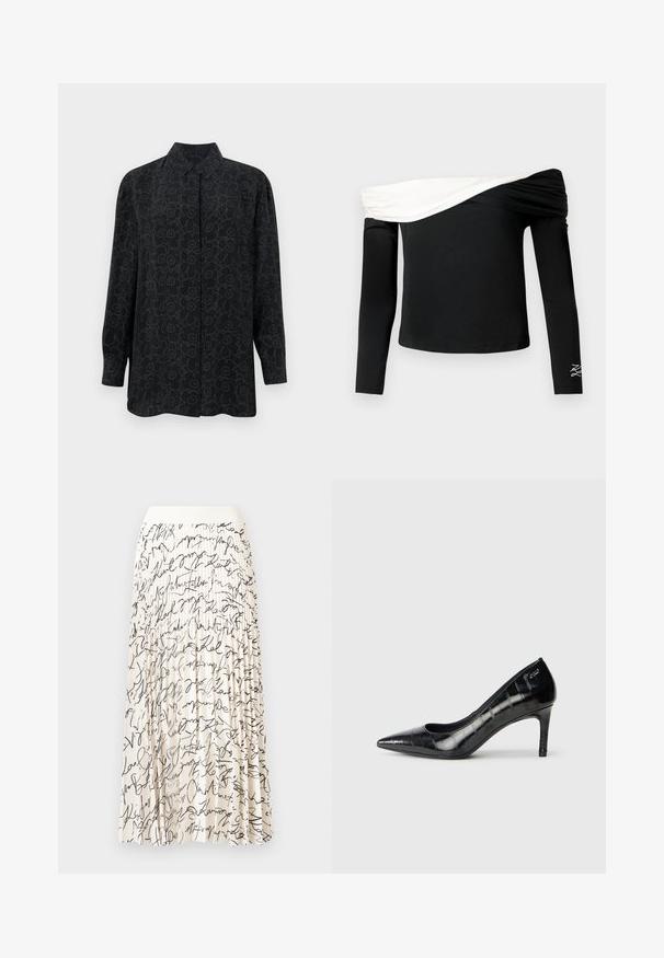 Musta pitkähihainen paita, jossa on kaulus ja tummanharmaa kukkakuvio. Valmistettu sileästä kankaasta, rento malli.; Mustat pitkähihaiset olkapäät paljastava paita, jossa valkoinen taitettu laskosrakenne rinnassa ja pieni valkoinen kirjailtu kuvio vasemmassa hihassa.; Kermaavalkoinen plissee-midihame, jossa on mustia kursiivisia tekstikuvioita, sileä vyötärönauha ja laskeutuva kangas liikkumisen helpottamiseksi.; Mustat korkeakorkoiset kengät, joissa on terävä kärki, kiiltävä pinta ja hienovarainen tekstuurikuosi. Kengissä on kohtuullinen korko ja avara kaulus.