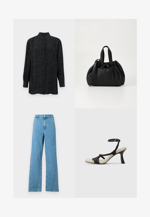 Svart langermet skjorte med krage, utstyrt med et blomsterutlinjemønster i mørkegrått. Laget av glatt stoff med en avslappet passform.; Lyseblå vide jeans med høy midje, fem lommer og metallknapplukking. Laget av denimstoff med en glatt tekstur.; Sorte helårs sandaler med flettet stroppesdesign, firkantet tå og justerbar ankelrem. Lys beige fotseng med glanset svart hæl.; Svart lærveske med en samlet toppdesign, som har to korte håndtak og en lang justerbar stropp. Glatt tekstur, rund form.