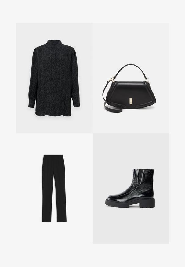 Schwarz langärmliges Hemd mit Kragen, das ein florales Umrissmuster in Dunkelgrau aufweist. Aus glattem Stoff mit einer lockeren Passform gefertigt.; Schwarze maßgeschneiderte Hose mit geradem Bein, ausgestattet mit Fronttaschen und einem glatten, strukturierten Stoff. Saubere, minimale Details.; Schwarze Knöchelstiefel mit glänzender Lackleder-Oberfläche, einer kräftigen gummierten schwarzen Sohle und Absatz; mit dezentem Logodetail an der Seite.; Schwarze Lederhandtasche mit einem strukturierten Design, das eine verkürzte Form, einen oberen Griff und goldfarbene Hardware-Details aufweist. Verstellbarer Schulterriemen ist enthalten.