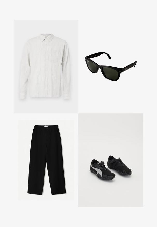 Chemise à manches longues boutonnée en gris clair avec un motif check texturé, une poche frontale et un col classique. Fabriquée en tissu tissé.; Pantalons larges noirs en tissu texturé, avec une taille élastique et des poches latérales. Design simple et minimal sans embellissements.; Baskets noires avec des semelles texturées, une silhouette épurée et un design avec des accents gris ; elles possèdent une sangle de fermeture sécurisée et un système de laçage.; Lunettes de soleil en plastique noir avec des verres vert foncé. La monture carrée présente des accents argentés et un logo en relief sur la branche.; Sac à bandoulière en cuir noir avec une texture douce et lisse, un dessus incurvé et une base arrondie, présenté aux côtés de pantalons de couleur claire.; Montre-bracelet en métal argenté avec un boîtier carré, un cadran blanc, des chiffres romains et un bracelet en maillons argentés. Dispose d'un design résistant à l'eau.