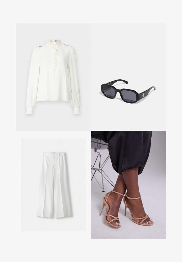 Hvid langærmet bluse med flæset høj hals, for-trykknaplukning og dekorative detaljer på skuldrene. Glat stof med en afslappet pasform.; Bershka WIDE-LEG TAILORED - Bukser - white; Beige hælkiler med krystaludsmykninger, der har åben tå, tynde remme og en strømlinet silhuet.; Sorte solbriller med en ottekantet ramme, mørke linser, blank plastmateriale og en sølvfarvet logoaccent på den ene side.; Michael Kors håndleddstropp i beige belagt lær med et gentaget MK-logo mønster, guld hardware og en aftagelig kædestrop.