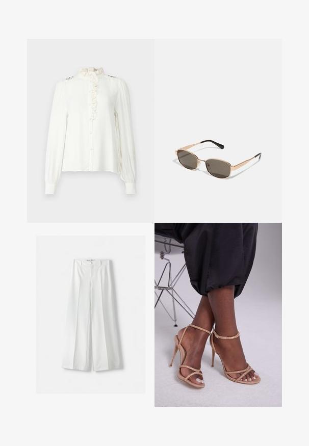Hvid langærmet bluse med flæset høj hals, for-trykknaplukning og dekorative detaljer på skuldrene. Glat stof med en afslappet pasform.; Bershka WIDE-LEG TAILORED - Bukser - white; Beige hælkiler med krystaludsmykninger, der har åben tå, tynde remme og en strømlinet silhuet.; Rektangulære solbriller med en gylden metallic ramme og mørke linser. Accentueret af slanke sorte arme, der viser et minimalistisk design.; Michael Kors håndleddstropp i beige belagt lær med et gentaget MK-logo mønster, guld hardware og en aftagelig kædestrop.
