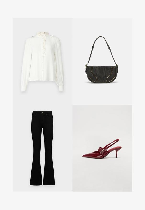 Hvit bluse med lange ermer, rynket høy hals, knappestolpe foran og dekorative detaljer på skuldrene. Glatt stoff med en avslappet passform.; Sorte høytlivsjeans med knapp og glidelås, frontlommer og utsvingte bein liggende flatt på en hvit bakgrunn.; Røde patentleder slingback hæle med spids tå, to spænde stropper og en slank, mellemhøj stiletto hæl. Glat tekstur.; Svart semsket håndveske med en buet design, med nagle detaljer og en teksturert overflate. Justerbar stropp med nagler langs kanten.