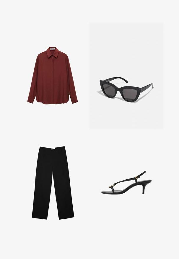 Burgundska srajca z dolgimi rokavi in usnato ovratnikom, sprednjim gumbom in ohlapnim krojem. Narejena iz gladkega materiala z minimalnim dizajnom.; Široke hlače iz črne tkanine, z gladko teksturo, čisto zasnovo in skritim zadrgo ob strani za zapiranje.; Črne usnjene sandale s kitten peto, tankimi trakovi, zlate zaponke in minimalistično zanko za prste na beli podlagi.; Črne mačke-oko sončna očala z mat zaključkom, ki imajo sive tonirane leče, ostre kote in eleganten stranski del. Ime blagovne znamke je vidno na notranjem ročaju.