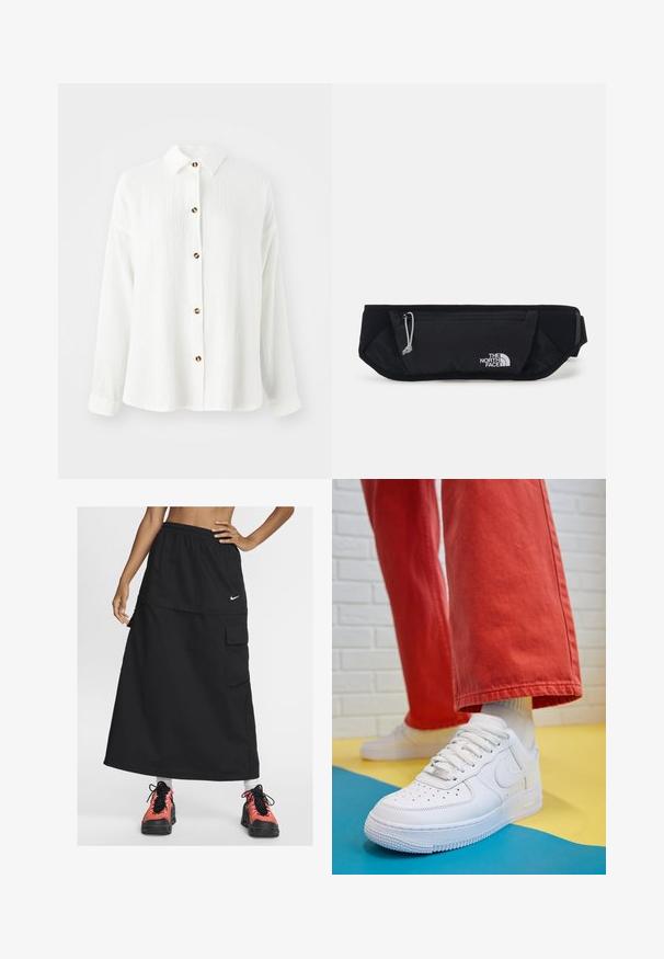 Valkoinen pitkähihainen paita teksturoitua kangasta, napitettava etuosa, kaula-aukko ja ruskeat napit. Pehmeä, rento muotoilu.; Musta urheilullinen maksihame, jossa on joustava vyötärö, etutasku ja Nike-logo. Vaatetus on yhdistetty värikkäisiin urheilukenkiin.; Valkoinen nahkakengät, joissa on rei'itetty varvasosa, teksturoitu pohja ja valkoiset nauhat, yhdistettynä leveisiin punaisiin housuihin ja sinikeltaiseen taustaan.; The North Face SUNRISER RUN BELT UNISEX - Vyölaukku - black/white