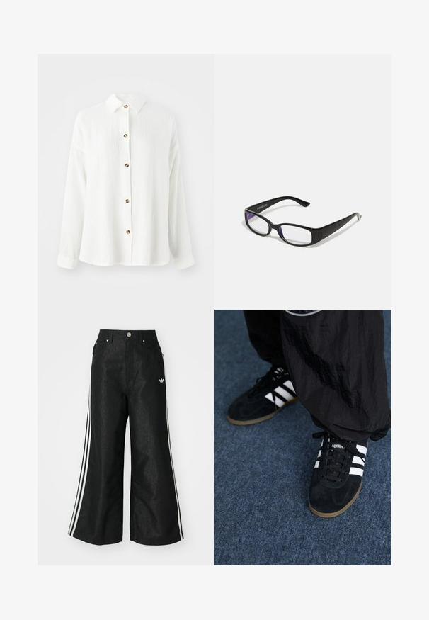 Bílá košile s dlouhým rukávem z texturované látky, s knoflíkovým zapínáním vpředu, límečkem a hnědými knoflíkovými detaily. Měkký, ležérní design.; Černé široké džíny s třemi bílými pruhy po stranách a malým bílým logem. Obsahují přední kapsy a zapínání na knoflík.; Černé semišové sportovní boty se třemi bílými pruhy a černými tkaničkami. Částečně viditelné vedle bot jsou texturované černé kalhoty.; Černé obdélníkové brýle s průhlednými čočkami. Lesklý povrch, úzké ramínka a fialový nádech viditelný na okrajích čoček.