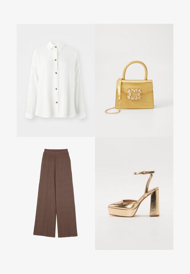 Weißes Langarmhemd aus strukturiertem Stoff, mit durchgehender Knopfleiste, Kragen und braunen Knopf-Akzenten. Weiches, lässiges Design.; Weite Hosen aus einem strukturierten, gerippten Stoff in warmem Braun. Mit einem nahtlosen Bund und fließender Silhouette.; Goldene metallische Plattformabsätze mit spitzer Zehenform, Knöchelriemen und Blockabsatz. Schlankes Design mit glatter, glänzender Oberfläche.; Gelbe Kunstleder-Handtasche im Krokodil-Look mit strukturiertem Design, Obergriff, abnehmbarem Kettenriemen und dekorativer Kristallverzierung am Verschluss.