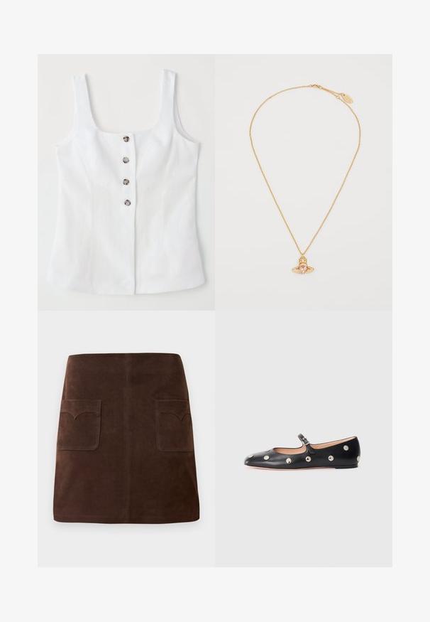 Balta lina blūze ar kvadrātveida izgriezumu, pieci metāla pogas priekšpusē un plašiem plecu siksnām. Gluda tekstūra un piegriezums, kas pielāgots.; Brūns zamšādas svārki ar klasisku A-line formu, divām priekšējām kabatām ar noapaļotiem vāciņiem un smalkiem šuvju detaļām.; Melna ādas Mary Jane līdzena zābaku ar noapaļotu purngalu, kurā ir sudraba apaļie kniedes un regulējama siksniņa ar sprādzi.; Zelta ķēdes kaklarota ar sirds formas rozā dārgakmens piekariņu, kas ietver ģeometrisku dizainu un mazus caurspīdīgus akcentus.