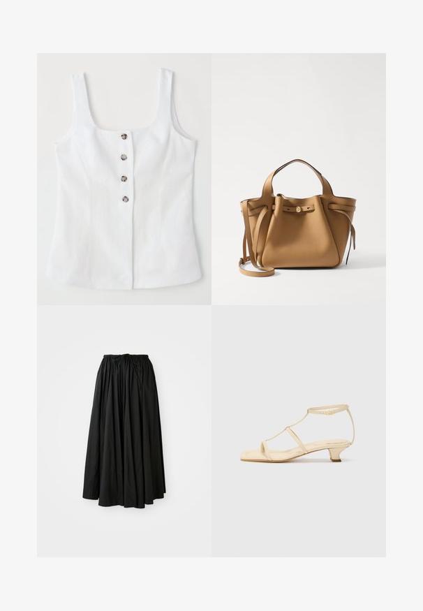 White linen top with a square neckline, five metallic buttons down the front, and wide shoulder straps. Smooth texture and tailored fit.; Black, ankle-length skirt made of lightweight fabric. Features a gathered waistband with a drawstring for adjustable fit and a flared silhouette.; Beige heeled sandals with a T-strap design, square toe, adjustable ankle strap, and a low, block heel. Smooth leather material.; Tory Burch ROMY PEBBLED SATCHEL - Handbag - tiramisu