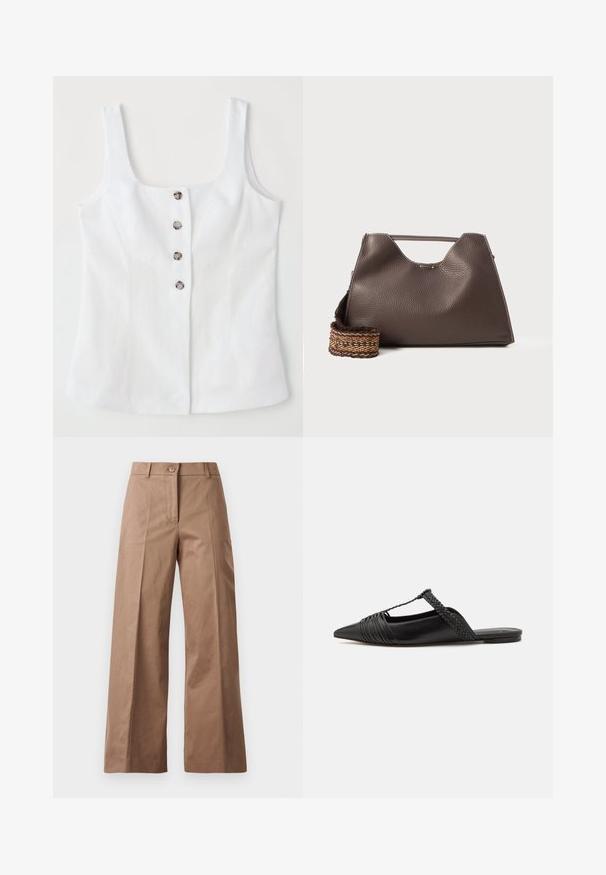 Top in lino bianco con scollatura quadrata, cinque bottoni metallici davanti e spalline larghe. Tessuto morbido e vestibilità sartoriale.; Pantaloni larghi marroni realizzati in un tessuto morbido, con chiusura frontale con bottone, due tasche anteriori e linee pulite e sartoriali.; Scarpa slingback in pelle nera con punta appuntita, con un dettaglio intrecciato e un design superiore plissettato. Suola piatta con hardware minimale.; Borsa a mano in pelle marrone con finitura texturizzata, design angolare e un manico superiore distintivo. Presenta un dettaglio a tracolla intrecciato con motivo.