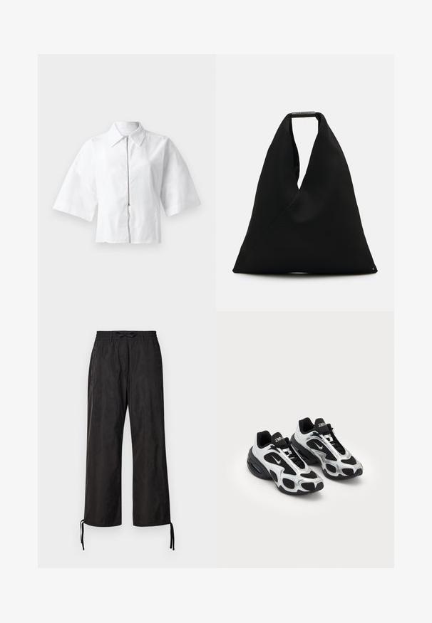 Weiße Bluse mit kurzen Ärmeln, Kragen und Reißverschluss auf der Vorderseite. Glatte Textur mit minimalistischen Design, ohne Muster oder Akzente.; Apricot Top - white; Schwarze, locker sitzende Hosen mit einem elastischen Bund und verstellbaren Kordeln an den Knöcheln. Glattes Gewebe mit einem dezenten Glanz.; Schwarze und silberne Sportschuhe mit einem Obermaterial aus Mesh und Synthetik, das ein markantes gewelltes Design aufweist und einen gepolsterten Schaft hat, sowie einer Luftpolsterung in der Sohle.; Schwarze Stofftragetasche mit einem einzigartigen V-förmigen Design und glatter Textur. Verfügt über einen kurzen Griff mit minimalistischem Hardware-Detail.