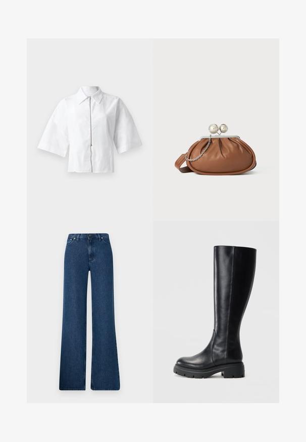 Blouse blanche à manches courtes avec un col et une fermeture éclair à l'avant. Texture lisse avec un design minimaliste, sans motifs ni accents.; Jean en denim bleu évasés avec une taille haute, un design à cinq poches et une fermeture à bouton en métal. Texture lisse, style décontracté et couture minimale.; Bottes noires montantes en cuir lisse, avec un bout arrondi et une semelle épaisse en caoutchouc dotée de motifs de grip pour une meilleure adhérence.; Pochette en cuir marron avec un fermoir à boule en argent et un petit détail en chaîne argentée sur fond blanc.