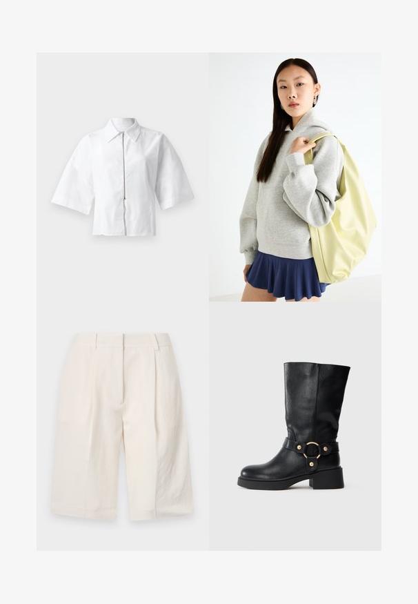 Blouse blanche à manches courtes avec un col et une fermeture éclair à l'avant. Texture lisse avec un design minimaliste, sans motifs ni accents.; Shorts en lin blancs avec un design ajusté, avant plissé et ouvertures larges. Texture lisse et longueur jusqu'au milieu de la cuisse.; Botte en cuir noire mi-mollet avec un talon épais et une sangle décorative incluant une boucle circulaire dorée sur fond blanc.; Sweat-shirt oversized gris avec une poche kangourou, associé à une jupe évasée marine. Accessoire : grand sac à dos jaune clair, texture lisse.