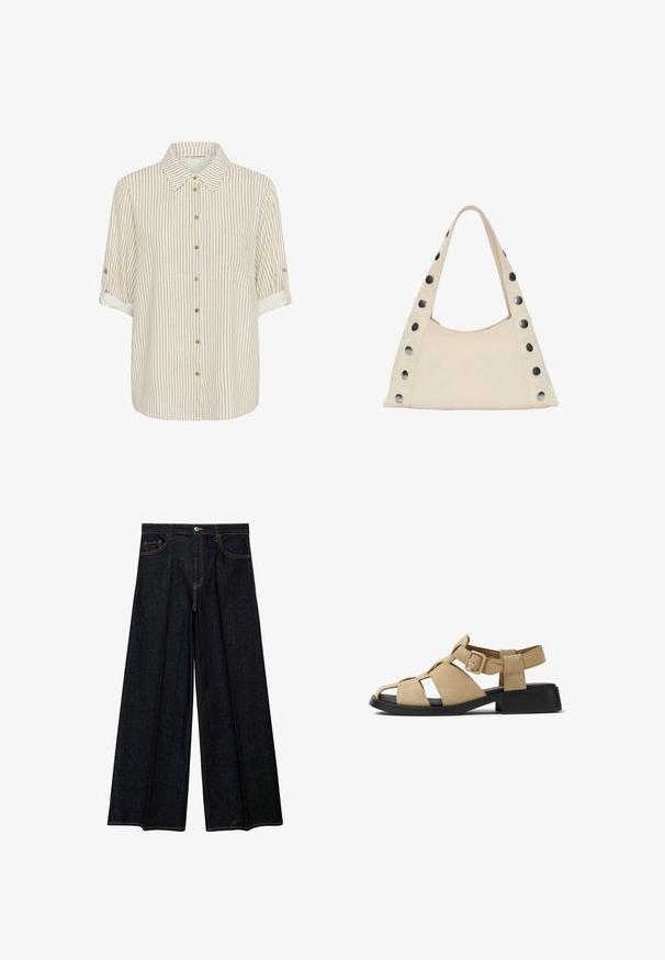 Skjorta med knappar i beige och krämfärgade ränder, lättviktsmaterial, korta uppvikta ärmar, framfickdetalj, träknappar.; Bredbenade jeans i mörk denim, med hög midja, framfickor och kontrasterande sömmar. Slät textur med skräddarsydd finish.; Beige mockasinsandaler med öppen tå och sidoutskärningar. Har ett spännband och en tjock svart klack för ökad stabilitet.; PULL&BEAR SHOULDER  - Shoppingväska - beige