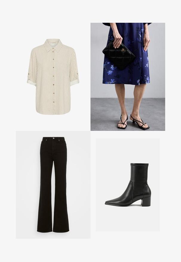 Button-up shirt in beige and cream stripes, lightweight fabric, short rolled sleeves, front pocket detail, wooden buttons.; High-waisted black flared jeans made of denim, featuring a button closure, side pockets, and a smooth texture.; Black ankle boot made of smooth leather, featuring a pointed toe, a block heel, and distinct raised stitching at the top edge.; Black quilted clutch with gold hardware, paired with a blue floral dress. The dress features a smooth texture and knee-length silhouette. Black strappy sandals.; Silver metal earrings with a wavy, sculptural design featuring a polished finish and irregular shapes, highlighting a contemporary aesthetic.
