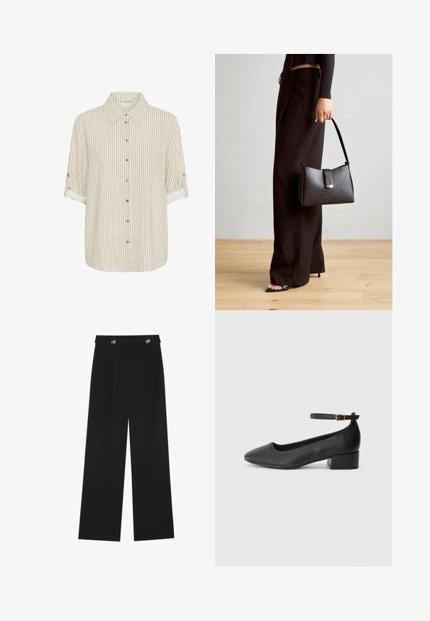 Camisa de botones en rayas beige y crema, tela ligera, mangas cortas con dobladillo, detalle de bolsillo delantero, botones de madera.; Pantalones de pierna ancha negros con cintura alta, detalles de botones en la cinturilla y pliegues en la parte delantera.; Zapato de tacón negro de cuero con punta afilada y tacón bajo cuadrado. Presenta una correa para el tobillo con una hebilla en tono dorado. Textura suave.; Bolso negro con forma estructurada, textura suave y un cierre metálico. Combinado con pantalones anchos negros y sandalias de dedo en un suelo de madera.