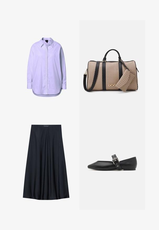 Witte langslavende shirt gemaakt van gladde stof, met een knoopsluiting aan de voorkant, een klassieke kraag en zijsplitten aan de onderkant voor gemakkelijke bewegingsvrijheid.; Zwarte, knielange rok van lichtgewicht stof met een vloeiende uitstraling. Kenmerkt zich door een gladde textuur en subtiele plooien voor extra detail.; Zwarte leren platte schoen met een spitse neus, zijkantband met een zilveren gesp en een lage hak. Soepele textuur en minimalistisch ontwerp.; Dufflebag met een beige patroon aan de buitenkant, zwarte leren banden, gouden hardware en een kleine bijpassende pouch die eraan vastzit. Gestructureerd ontwerp.; Gouden rechthoekige polshorloge met een witte wijzerplaat, zilverkleurige uurmarkeringen en een duurzame metalen schakelarmband. Inclusief waterdichte functie.