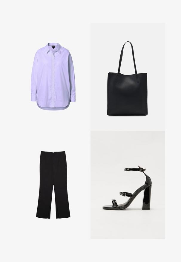 Camicia bianca a maniche lunghe realizzata in tessuto liscio, con un davanti con bottoni, colletto classico e spacchi laterali all'orlo per facilitare il movimento.; Pantaloni neri a gamba dritta, con tasche frontali e spacchi laterali all'orlo. Realizzati in tessuto morbido e liscio. Adatti a diverse occasioni.; Sandali con tacco in vernice nera, con punta squadrata, cinturini alla caviglia e fibbie in argento. Presentano un tacco a blocco spesso per maggiore stabilità.; Borsa tote in pelle nera con texture liscia, forma rettangolare e due manici lunghi. Nessun hardware o decorazione visibile.