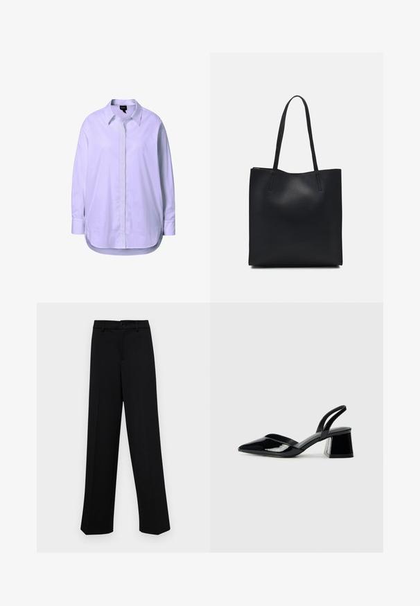 Camisa blanca de manga larga hecha de tela suave, con cierre de botones en el frente, cuello clásico y aberturas laterales en el dobladillo para facilitar el movimiento.; Pantalones de pierna ancha negros, hechos de un tejido suave, con una cintura clásica que incluye un cierre de botón y pliegues frontales.; Zapatos de tacón slingback de charol negro con punta afilada y tacón geométrico en bloque. Presentan un diseño elegante y minimalista, así como una textura suave.; Bolso tote de cuero negro con textura lisa, forma rectangular y dos asas largas. Sin herrajes ni adornos visibles.