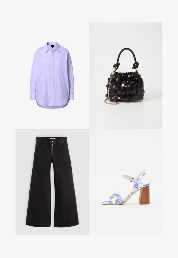 Hvid langærmet skjorte lavet af glat stof, med knaplukning foran, klassisk krave og sidelæg ved kanten for at give bevægelsesfrihed.; Vide ben jeans i sort denim med lynlås foran, fem lomme-design og subtile stikninger. Glat tekstur og afslappet stil.; Blå blomstrede sandaler med firkantet tå, bred rem og justerbar ankelrem, med en tekstureret træblokhæl.; Sort pailette mini håndtaske med en knyttet struktureret rem og sølv kæde. Rund form med samlet top og reflekterende detaljer.