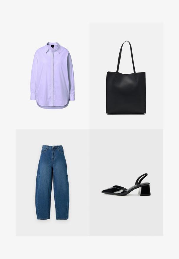 Hvid langærmet skjorte lavet af glat stof, med knaplukning foran, klassisk krave og sidelæg ved kanten for at give bevægelsesfrihed.; Denimjeans i en mellemblå vask, med højt liv, bred benpasform og standard fem-lomme design med synlige stikninger.; Sorte patentlæder slingback hæle med spids tå og en geometrisk blok hæl. Har et elegant, minimalistisk design og en glat tekstur.; Sort læder tote taske med glat tekstur, rektangulær form og to lange hanke. Ingen synlig hardware eller udsmykninger.