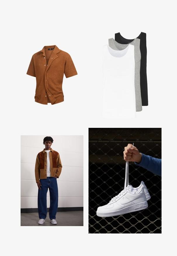 Kurzarmhemd aus strukturiertem braunem Stoff, mit einem Reverskragen und silbernen Knöpfen an der Vorderseite. Lässiger, entspannter Schnitt.; Drei Tanktops in Weiß, Grau und Schwarz. Jedes hat ein klassisches ärmelloses Design und besteht aus leichtem Baumwollstoff mit einer Rippstruktur.; Mann steht drinnen und trägt eine braune Cordjacke mit Rostflecken, ein weißes T-Shirt, lockere blaue Jeans und weiße Sneakers.; Weiße Leder-Sneaker mit Perforationen, runder Zehenpartie, flacher Sohle und dicken Schnürsenkeln, mit sichtbar eingesticktem Swoosh-Logo und "AIR" an der Ferse.