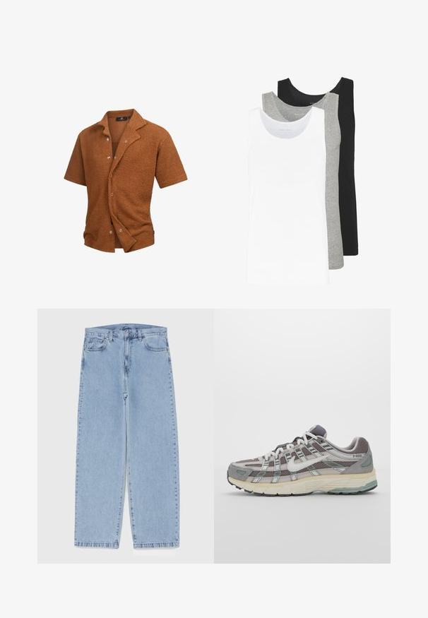 Kaihuintu takahu ki te kāhua ātaahua parauri, e whai ana i te kāinga ki ngā whakapakari me ngā pētu hiriwa e pā ana ki te taha. He pai, he mōkihi noa te āhua.; Kolme hihattomaa toppia valkoisena, harmaana ja mustana. Jokaisessa on klassinen hihaton muotoilu, ja ne on valmistettu kevyestä puuvillakankaasta, jossa on ribbausrakenne.; Vaaleansiniset farkut suoran lahkeen muotoilulla, joissa on puolivälin vyötärö, viisi taskua sekä nappi- ja vetoketjusuljenta.; Harmaa urheilukenkä, jossa on verkko- ja mokkanahkainen yläosa, valkoiset yksityiskohdat, pehmustettu pohja ja erottuva muotoilu heijastavilla elementeillä.