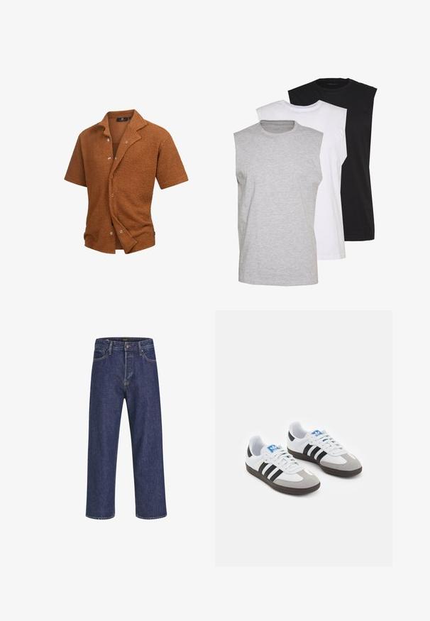 Kortermet skjorte i teksturert brun stoff, med kneppingkrage og sølvknapper foran. Uformell, avslappet passform.; Tre sleeveless t-skjorter i grått, hvitt og svart. Mykt bomullsmateriale med rund hals og avslappet passform. Enkel design, uten mønstre.; Mørkeblå denim jeans med rett snitt, fem lomme-design, metallknapplukking og kontraststing, med en subtil tekstur.; Sportssko med en hvit skinnoverdel, grå semsket tå og tre svarte striper. Har en blå logo på tungen og en teksturert gummisåle.