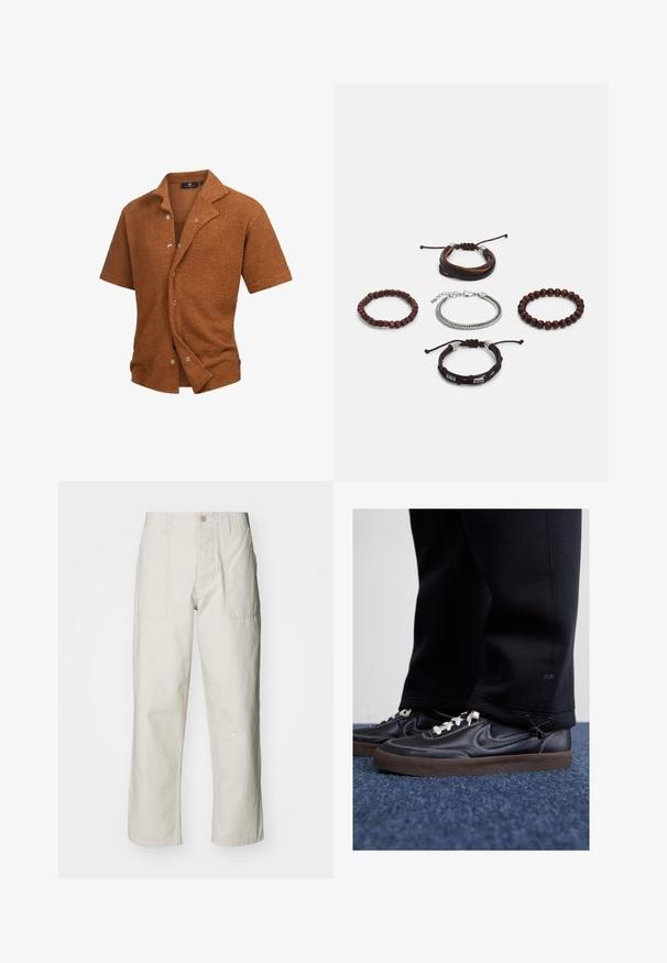 Kaihuintu takahu ki te kāhua ātaahua parauri, e whai ana i te kāinga ki ngā whakapakari me ngā pētu hiriwa e pā ana ki te taha. He pai, he mōkihi noa te āhua.; Harmaat vaaleat leveät housut, jotka on valmistettu puuvillasta. Varustettu etutaskuilla ja nappikiinnityksellä. Sujuva rakenne, jossa on hienovaraisia pystysuoria viivoja.; Nike Sportswear KILLSHOT 2 LTR PRM OPP2 - Matalavartiset tennarit - black sail baroque brown mtlc dk grey; Setti viiden rannekorun, joissa on ruskeaa nahkaa, puuhelmiä ja hopeaketju; vaihteleva tekstuuri ja muoto, säädettävillä sulkimilla.