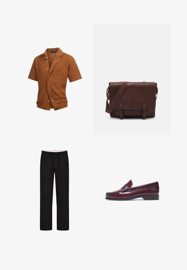 Short-sleeve shirt in textured brown fabric, featuring a notch collar and silver buttons down the front. Casual, relaxed fit design.; Black, straight-leg pants with an elastic waistband, drawstring, and understated design. Soft fabric texture. No visible patterns or accents.; Burgundy leather loafer with a rounded toe, stitched detailing, and a small decorative accent on the vamp. Flat, contrasting sole.; Brown leather messenger bag with a flat front flap, two straps, gold hardware accents, and an adjustable shoulder strap.