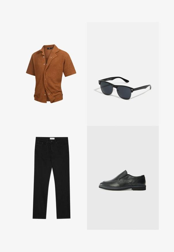 Chemise à manches courtes en tissu texturé brun, avec un col à revers et des boutons argentés à l'avant. Design décontracté et coupe ample.; Jean droit noir avec un design à cinq poches, fermeture à bouton et zip, et une étiquette de marque Pier One sur la taille.; Chaussure slip-on en cuir noir avec une tige lisse, des accents cousus, un bout arrondi et un petit talon en caoutchouc. La semelle présente un profil de traction minimal.; Lunettes de soleil noires de forme rectangulaire, verres foncés, accents argentés aux tempes et finition mate sur la monture.
