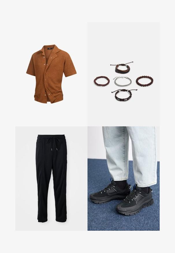 Košile s krátkým rukávem z texturované hnědé látky, s vykrojeným límcem a stříbrnými knoflíky vpředu. Nenáročný, pohodlný střih.; Černé casual kalhoty se stahovací šňůrkou v pase, bočními kapsami a rovnými nohavicemi na jednobarevném pozadí.; Černé sportovní boty s texturovanou tkaninou a gumovou podrážkou, s elastickými tkaničkami a modrým akcentem na patě. Nosí se s světlými džíny.; Sada pěti náramků obsahující hnědou kůži, dřevěné korálky a stříbrný řetěz; různorodé textury a tvary, s nastavitelnými uzávěry.