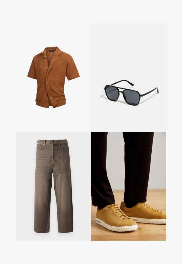 Kurzarmhemd aus strukturiertem braunem Stoff, mit einem Reverskragen und silbernen Knöpfen an der Vorderseite. Lässiger, entspannter Schnitt.; Braune weit geschnittene Jeans aus Denim. Mit Reißverschluss, Gürtelschlaufen und fünf Taschen. Der Stoff hat eine verblasste, strukturierte Optik.; Gelbe gestreifte Sneakers mit weißen Sohlen, runde Zehenpartie, Schnürdesign und strukturierter Oberfläche, getragen mit schwarzen hochgekrempelten Hosen auf einem Holzboden.; Schwarze Sonnenbrille mit achteckigem Rahmen, dunklen Gläsern, glänzender Oberfläche, dünnen Bügeln und goldenen Akzenten auf der Vorderseite.
