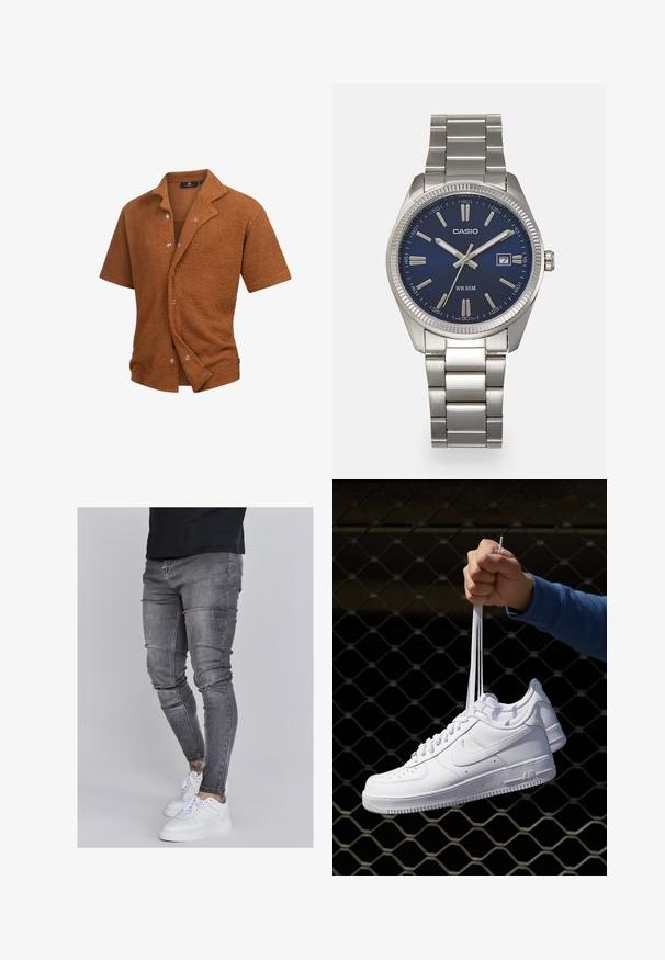 Korte mouw shirt in textuur bruin stof, met een notch-kraag en zilveren knopen aan de voorkant. Casual, ontspannen pasvorm ontwerp.; Skinny jeans in vervaagd grijs denim, met versleten details op de knieën, gecombineerd met witte sneakers. Gladde textuur, slank model.; Witte leren sneakers met perforaties, ronde neus, vlakke zool en dikke veters, met een zichtbare swoosh-logo en "AIR" op de hiel.; Zilveren roestvrijstalen horloge met een marineblauwe wijzerplaat, metalen uurmarkeringen en een datumnis op 3 uur. Waterbestendig tot 50 meter.