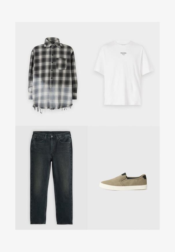 Svartvit rutig skjorta med klassisk krage, knappstängning, påsydd ficka och fransad fåll. Tyget har ett mjukt, strukturerat utseende.; Vit bomullströja med rund halsringning, korta ärmar och en tryckt logotyp med texten "ESS.WRD." på bröstet, minimalistisk design.; Mörkblå denimjeans med rak benstil, med fem fickor, dragkedja och kontrasterande sömmar. Subtil utblödning på tyget.; Tåpe slip-on skor med en vävd övre, kontrasterande svart hälaccent och vit gummisula. Genombruten design för andningsförmåga.