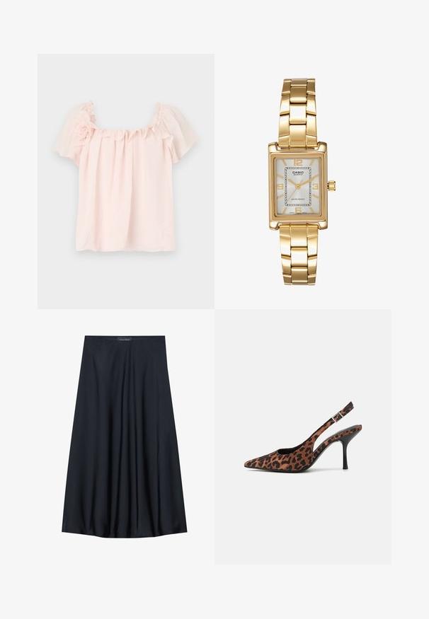 Világos rózsaszín blúz fodros nyakkivágással és rövid, puffos ujjal. Puha anyag virágmintával a bal vállon. Lazán illeszkedő fazon.; Fekete, térdig érő szoknya könnyű anyagból, laza formával. Simább textúrával rendelkezik, és finom redők díszítik a részleteket.; Leopárdmintás slingback magassarkú cipő hegyes orral, fekete fényes sarkal és állítható bokapánttal. Puha anyag, textúrázott felülettel.; Aranyszínű, téglalap alakú karóra fehér számlappal, ezüstszínű óránymarkerekkel és strapabíró fém láncszíjjal. Vízálló funkcióval rendelkezik.