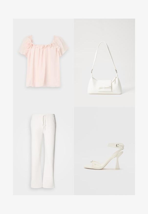 Blusa rosa claro com decote plissado e mangas curtas e volumosas. Tecido macio com detalhe floral no ombro esquerdo. Corte descontraído.; Calças de fato brancas, de corte descontraído, feitas de um tecido macio, com um cós elástico e um cordão de ajuste, apresentando um design de pernas retas.; Sandal de salto alto com tiras em couro branco, com um design elegante, um salto bloco transparente e um elemento decorativo na ponta.; Mala sintética branca com formato triangular, aba frontal plana e detalhe de laço, alça ajustável, textura suave e design minimalista.