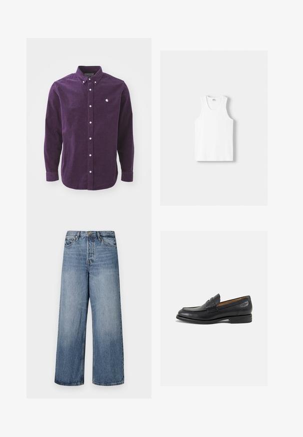 Paarse corduroy shirt met lange mouwen, knoopsluiting aan de voorkant en wit logo op de borst. Voorzien van een traditionele kraag en omgeslagen mouwen.; Witte katoenen tanktop met een ronde halslijn, brede schouderbanden en een rechte zoom, met een gladde textuur en zonder zichtbare patronen.; Wijde blauwe denim jeans met een vervaagde was, vijf zakken en een knoopsluiting. Voorzien van riemlussen en gestikte details.; Zwarte leren loafers met een gladde afwerking, ronde neus en decoratieve stiksels op de wreef. Lage gestapelde hak en een lichte glans.