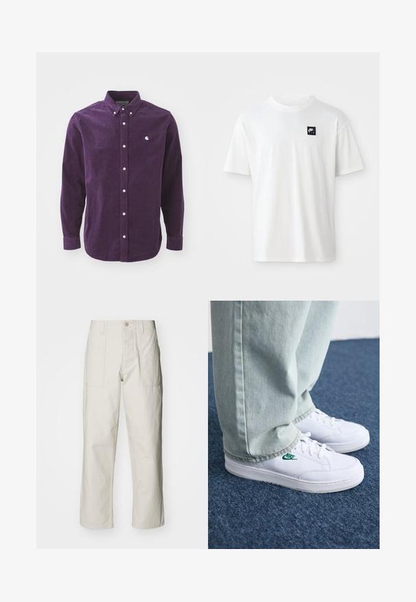 Paarse corduroy shirt met lange mouwen, knoopsluiting aan de voorkant en wit logo op de borst. Voorzien van een traditionele kraag en omgeslagen mouwen.; Witte katoenen t-shirt met korte mouwen en een ronde hals; heeft een klein zwart rechthoekig Nike Air logo op de linkerkant van de borst.; Lichtbeige wijde broek van katoen. Voorzien van steekzakken en een knoopsluiting. Glad textuur met subtiele verticale lijnen.; Witte leren sneakers met groen Nike-logo, ronde neus, platte zool, gedragen met lichtblauwe denim broek, weergegeven op een blauwe vloerkleed.
