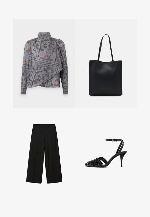 Grijs blouse met lange mouwen en hoogsluitende kraag, voorzien van een grijs patroon. Heeft complexe bloem- en dierontwerpen met een gedrapeerde textuur en een vloeiende silhouet.; Zwarte wijde pantalons van zachte stof, met een hoge taille en plooien, met een gladde textuur en zonder zichtbare versieringen.; Zwarte leren hoge hakken sandaal met een enkelbandje, met gevlochten banden over de tenen, een gladde afwerking en een spitse teenvorm.; Zwarte leren handtas met een gladde textuur, rechthoekige vorm en twee lange handvaten. Geen zichtbare hardware of versieringen.