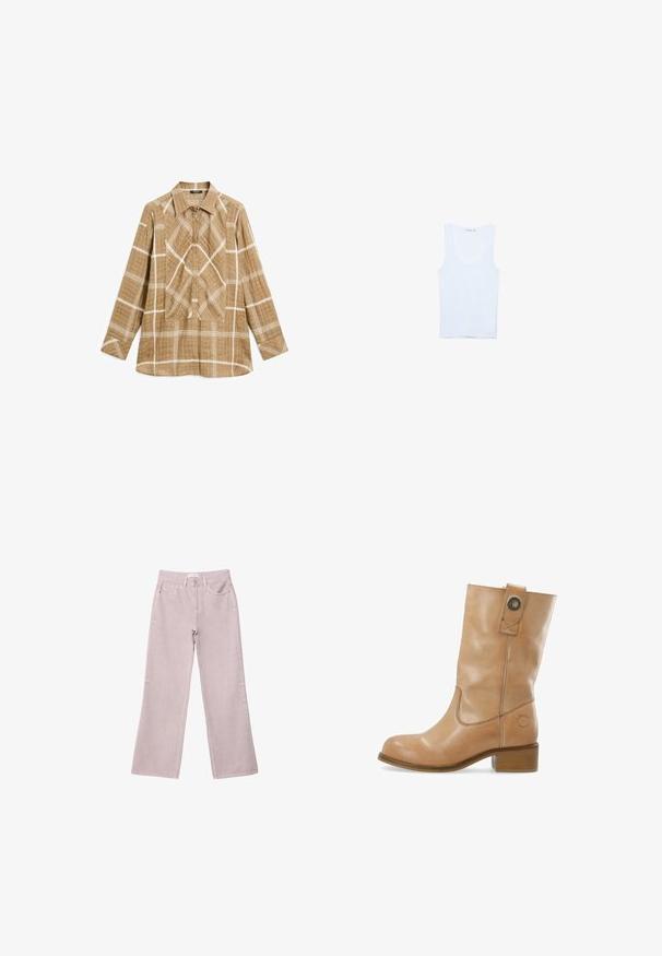 Camicia a maniche lunghe a quadri con tessuto leggero, con motivo a griglia bianca. Presenta un colletto a punta e un dettaglio di piega centrale.; Canotta bianca in cotone, caratterizzata da un scollo rotondo e spalline larghe. Texture liscia, design senza maniche e silhouette aderente.; Jeans a gamba larga rosa chiaro in denim, con chiusura a zip, cinque tasche e dettagli di cucitura sottili.; Stivale alla caviglia in pelle color tan con punta arrotondata, tacco basso impilato, cuciture laterali e dettaglio a pressione sul gambale. Texture liscia.