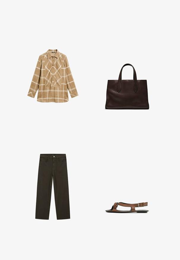 Tan checkered long-sleeve shirt in lightweight fabric with white grid pattern. Features a pointed collar and central pleat detail.; Dark green wide-leg jeans made of cotton blend, featuring a front button closure, five pockets, and classic denim stitching.; Brown leather sandal with an open toe and side cutouts. Features an ankle strap with a metal buckle and a flat sole.; Brown leather tote bag with two elongated handles, structured rectangular shape, smooth texture, and subtle stitching details.