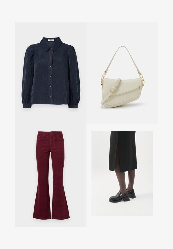 Camicia in corduroy blu navy con colletto, chiusura frontale a bottoni e maniche a sbuffo. Presenta una texture a righe verticali.; Jeans in velluto a coste color bordeaux a gamba svasata con cinque tasche, chiusura anteriore con bottone e tessuto texturizzato. Le svasature si estendono dal ginocchio all'orlo.; Scarpe in pelle nera con punta arrotondata, tacco spesso a blocco e accenti laterali in elastico, abbinate a collant scuri e una gonna nera con uno spacco.; Piccola borsa a tracolla crema con finitura testurizzata, una lunga tracolla regolabile, un accento a catena e chiusura a patta. Dettagli in hardware dorato.